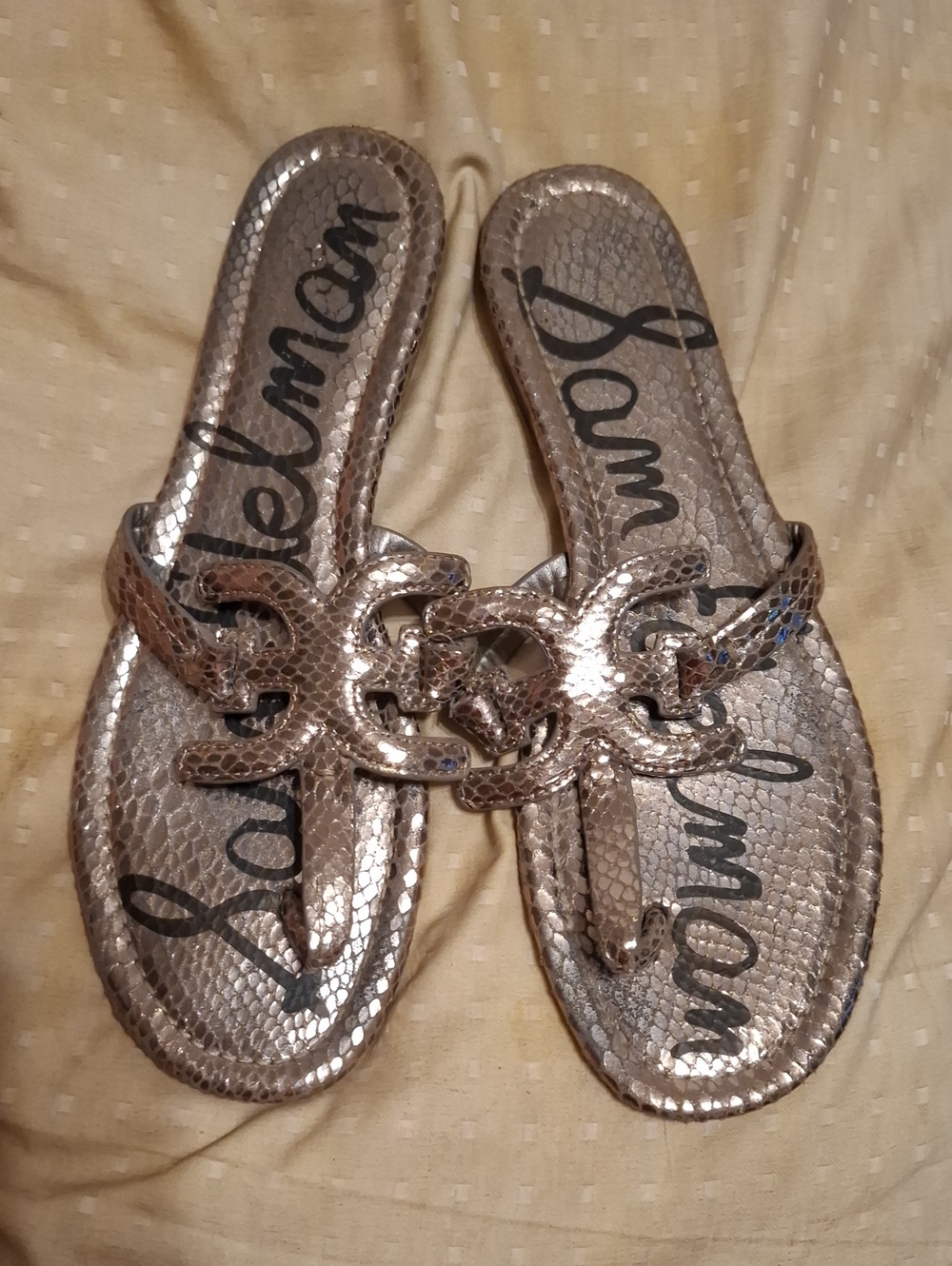Sam Edelman Carter Metallic Gold Snake-Texture Slide Sandals